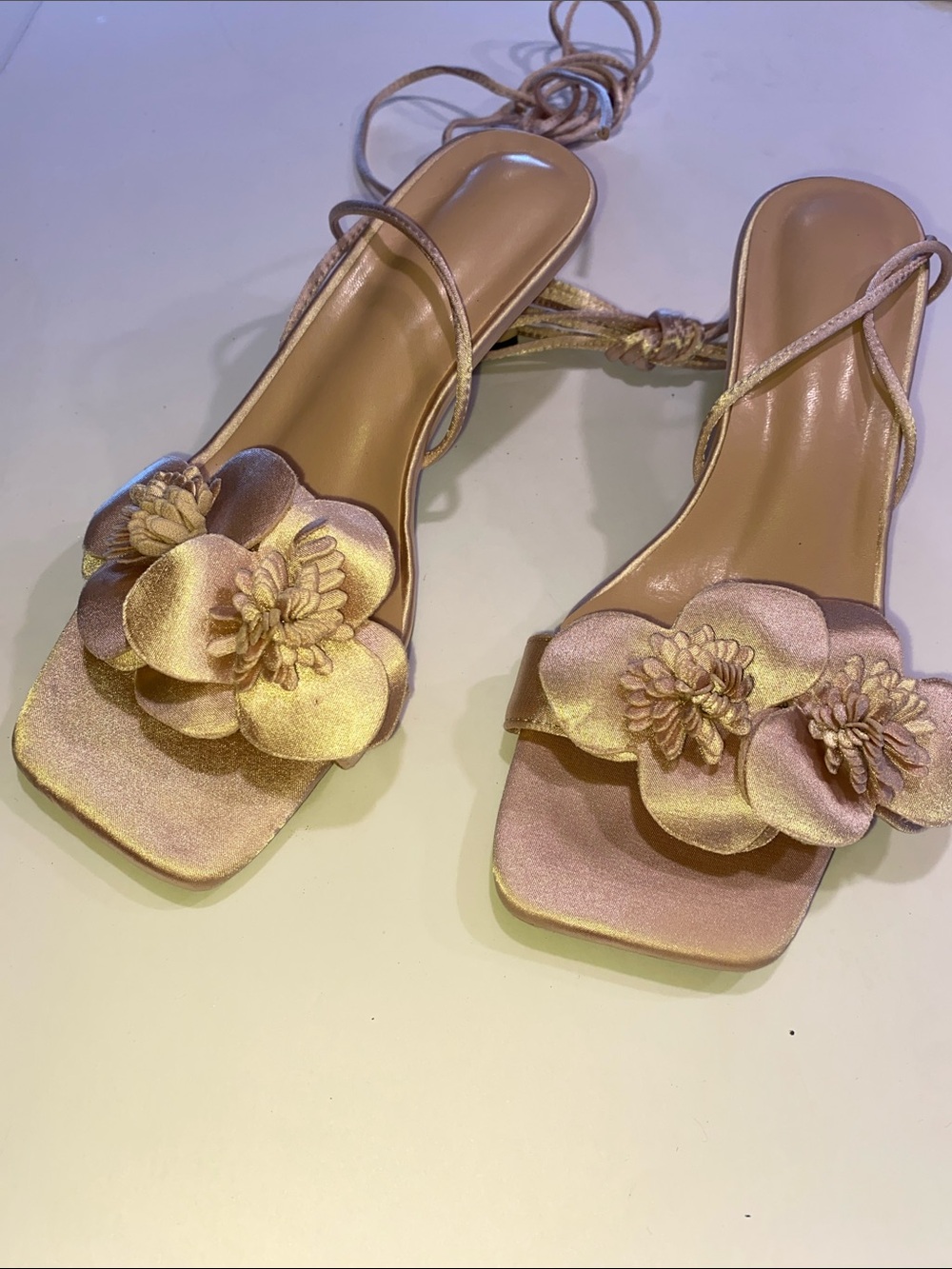 Women's Floral Lace-Up Sandals in Shimmering Pink - Brand Unknown 1 inch heel
